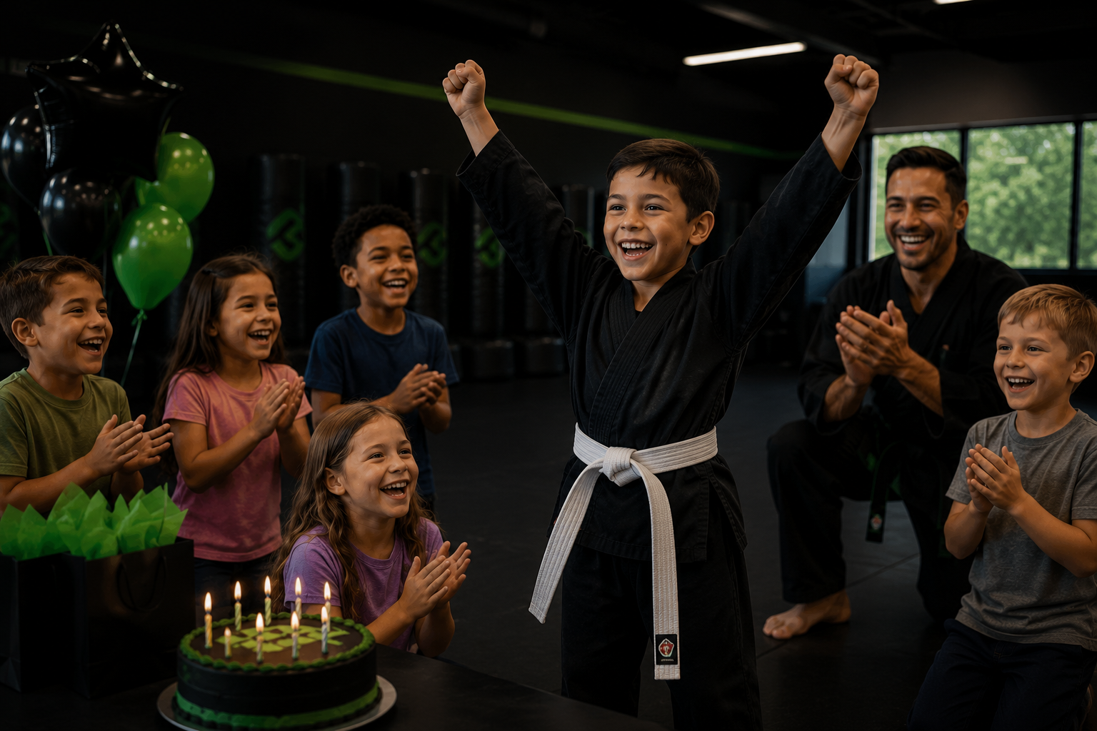Birthday kid celebrating on the mat with friends cheering